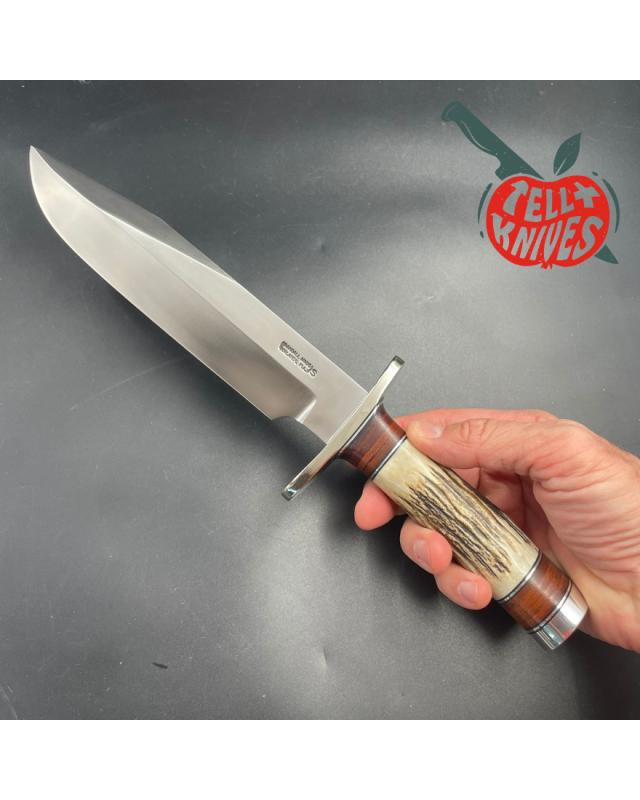 2006 Model 12-9 Sportsman stainless steel stag and stacked leather handle nickel silver guard and pommel brown leather sheath