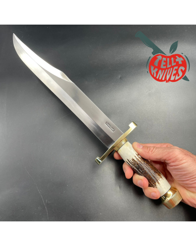 Model 12-13 Thorp carbon steel stag handle brass guard and pommel brown leather sheath with stone