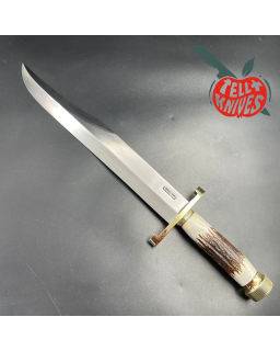 Model 12-13 Thorp carbon steel stag handle brass guard and pommel brown leather sheath with stone