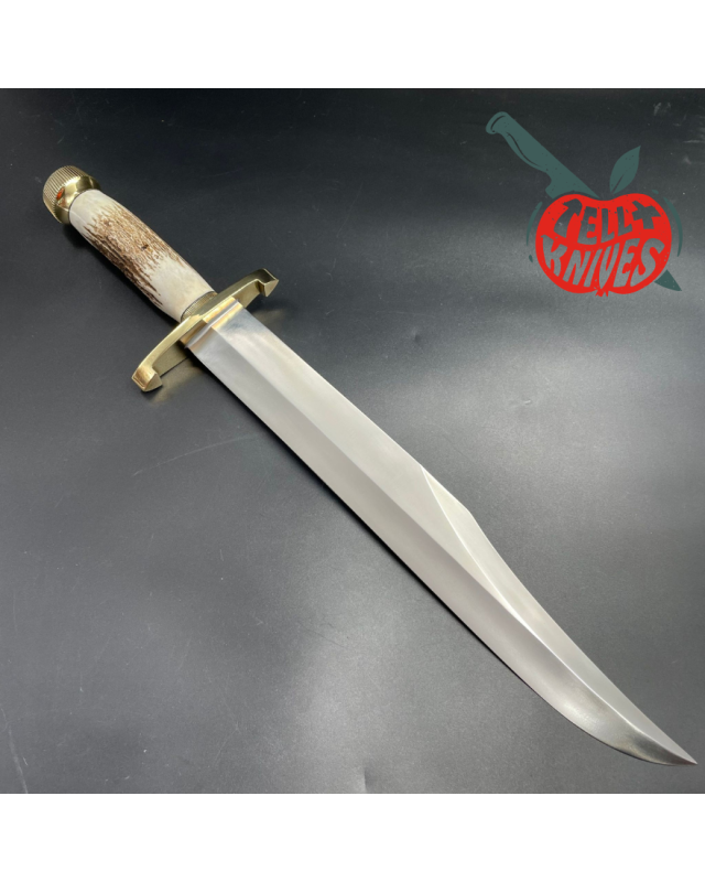 Model 12-13 Thorp carbon steel stag handle brass guard and pommel brown leather sheath with stone