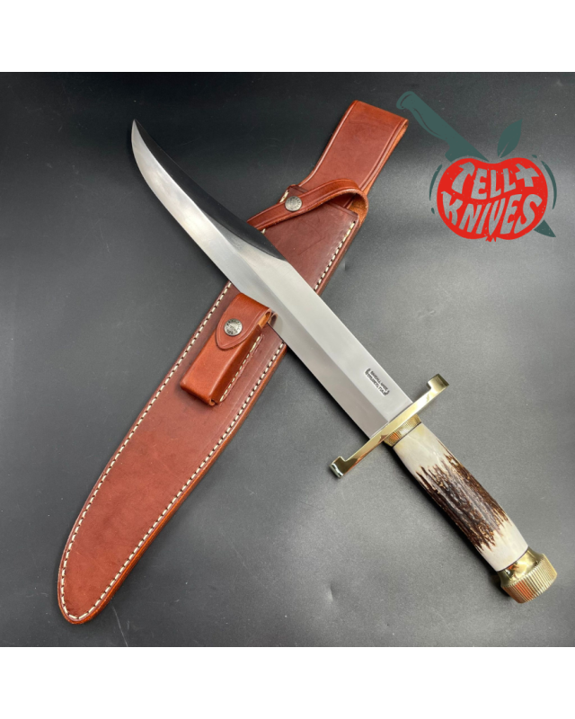 Model 12-13 Thorp carbon steel stag handle brass guard and pommel brown leather sheath with stone