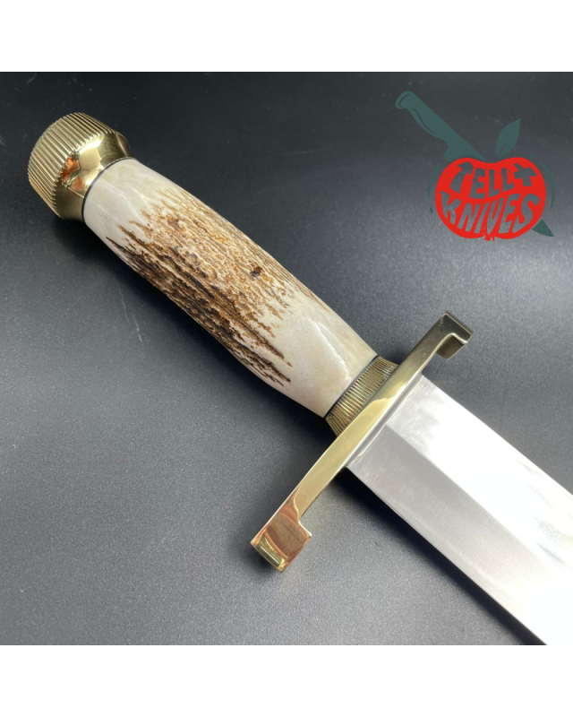 Model 12-13 Thorp carbon steel stag handle brass guard and pommel brown leather sheath with stone