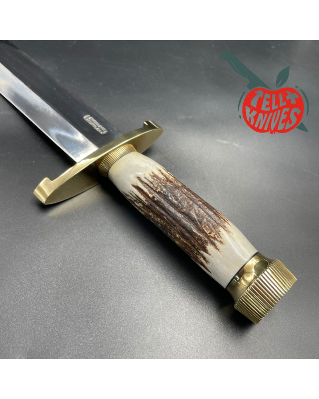 Model 12-13 Thorp carbon steel stag handle brass guard and pommel brown leather sheath with stone
