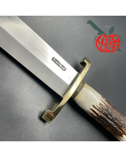 Model 12-13 Thorp carbon steel stag handle brass guard and pommel brown leather sheath with stone