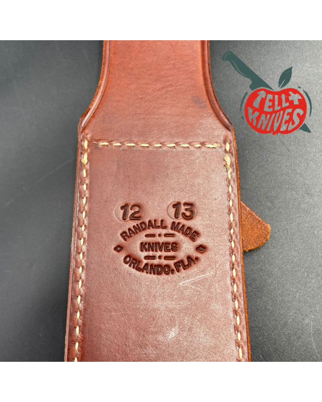 Model 12-13 Thorp carbon steel stag handle brass guard and pommel brown leather sheath with stone