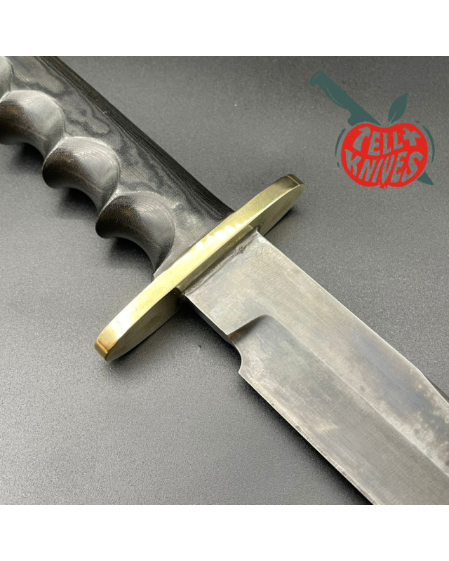 Vintage 90ies Model 14 - 7.5 Attack full tang black carbon steel blade black micarta handle brass guard black leather sheath