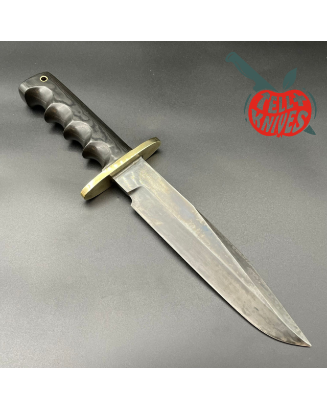 Vintage 90ies Model 14 - 7.5 Attack full tang black carbon steel blade black micarta handle brass guard black leather sheath