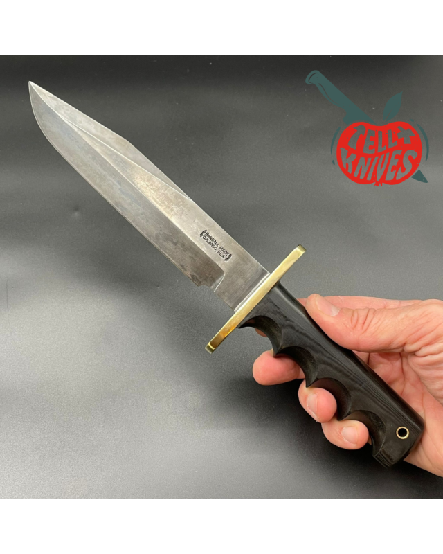 Vintage 90ies Model 14 - 7.5 Attack full tang black carbon steel blade black micarta handle brass guard black leather sheath