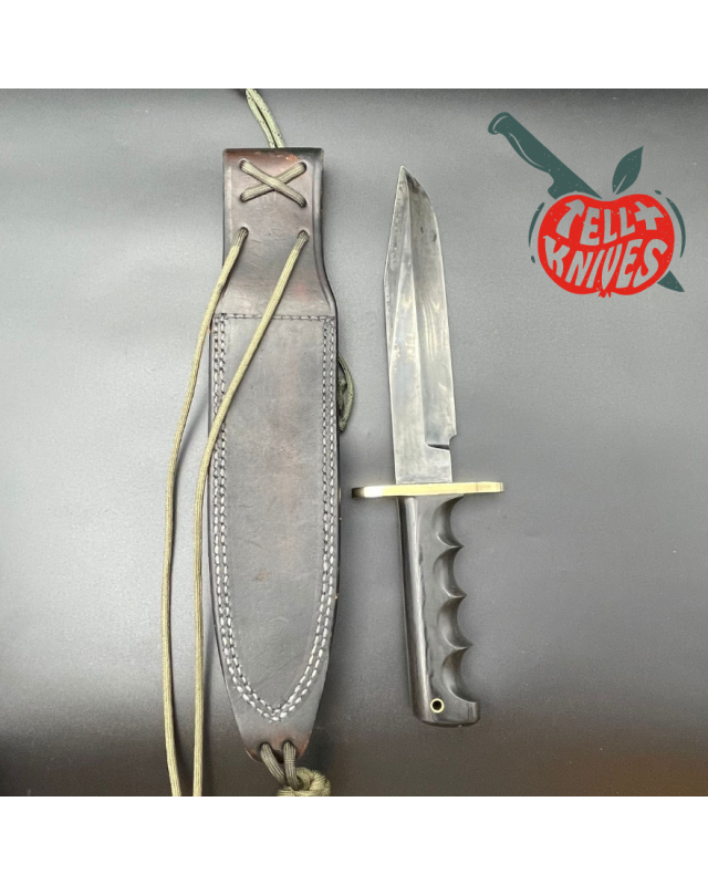 Vintage 90ies Model 14 - 7.5 Attack full tang black carbon steel blade black micarta handle brass guard black leather sheath