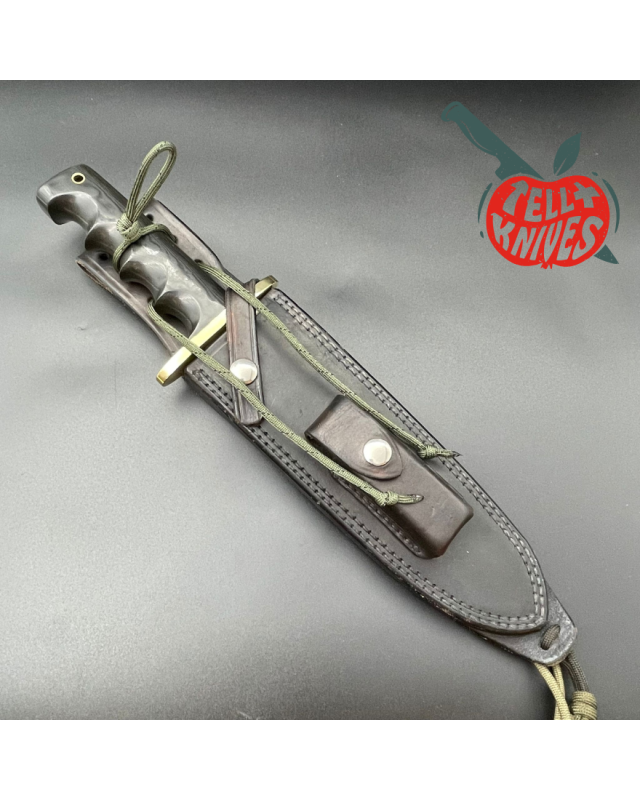 Vintage 90ies Model 14 - 7.5 Attack full tang black carbon steel blade black micarta handle brass guard black leather sheath