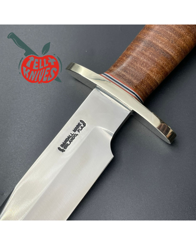 RANDALL MADE KNIVES Model 14 7.5 Attack forged carbon steel brass guard tacked leather handle brown leather sheath