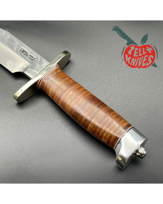 RANDALL MADE KNIVES Model 14 7.5 Attack forged carbon steel brass guard tacked leather handle brown leather sheath