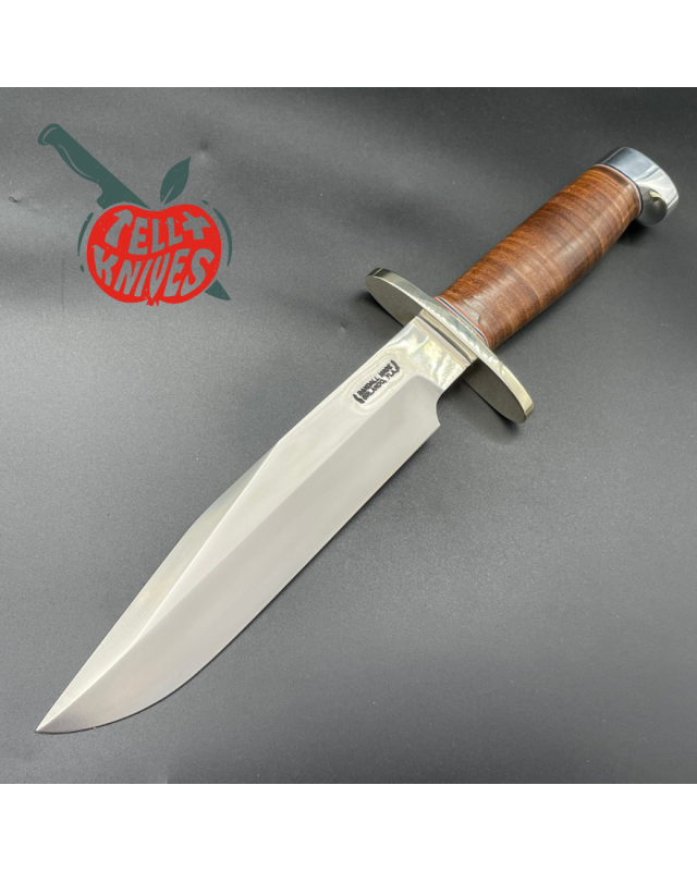 RANDALL MADE KNIVES Model 14 7.5 Attack forged carbon steel brass guard tacked leather handle brown leather sheath