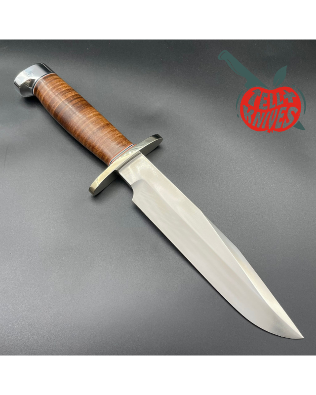 RANDALL MADE KNIVES Model 14 7.5 Attack forged carbon steel brass guard tacked leather handle brown leather sheath