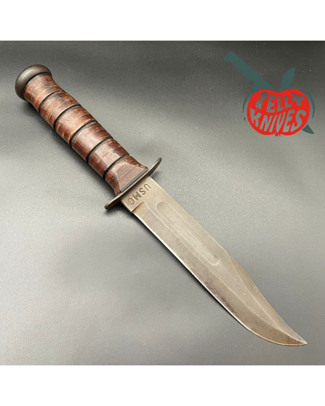 Kabar USMC Fixed Blade Fighting Knife Vintage 80ies carbon steel stacked leather handle Kabar USMC Fixed Blade Fighting Knife Vintage 80ies carbon steel stacked leather handle