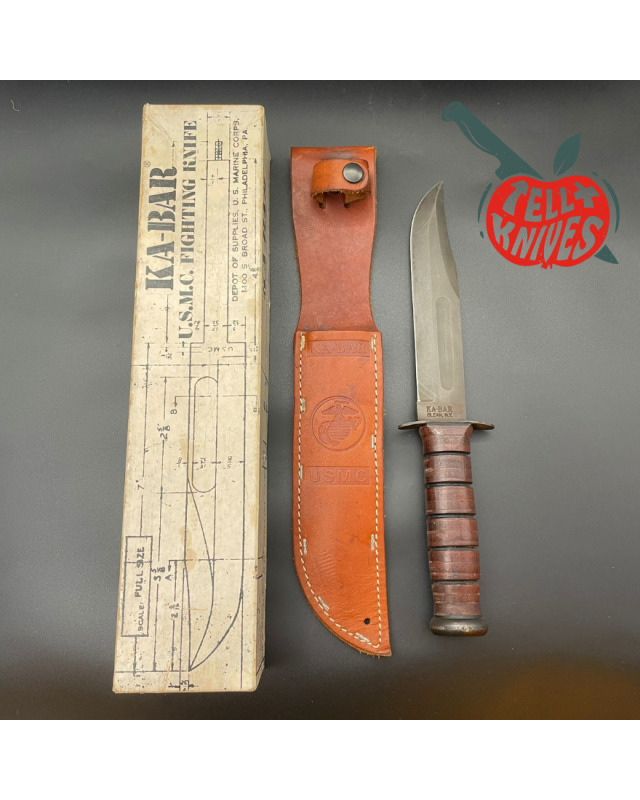 Kabar USMC Fixed Blade Fighting Knife Vintage 80ies carbon steel stacked leather handle Kabar USMC Fixed Blade Fighting Knife Vintage 80ies carbon steel stacked leather handle