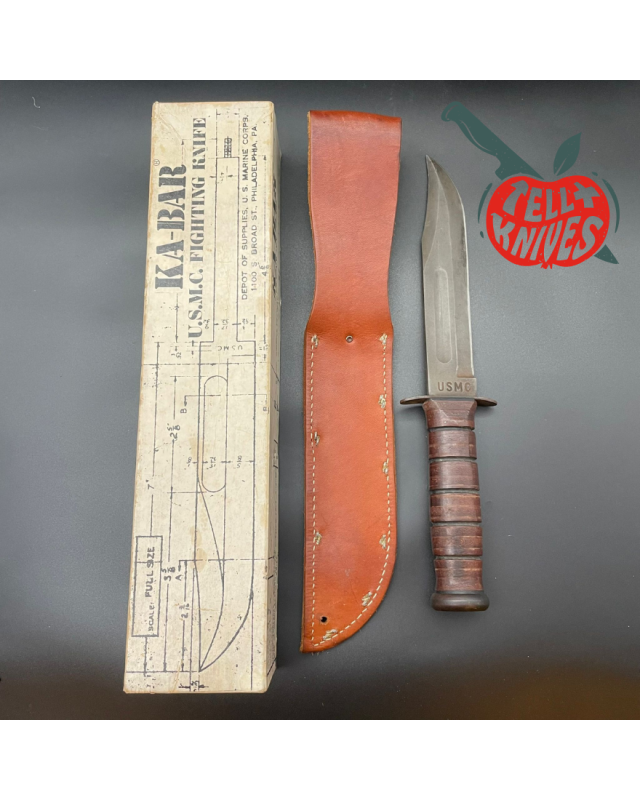 Kabar USMC Fixed Blade Fighting Knife Vintage 80ies carbon steel stacked leather handle Kabar USMC Fixed Blade Fighting Knife Vintage 80ies carbon steel stacked leather handle