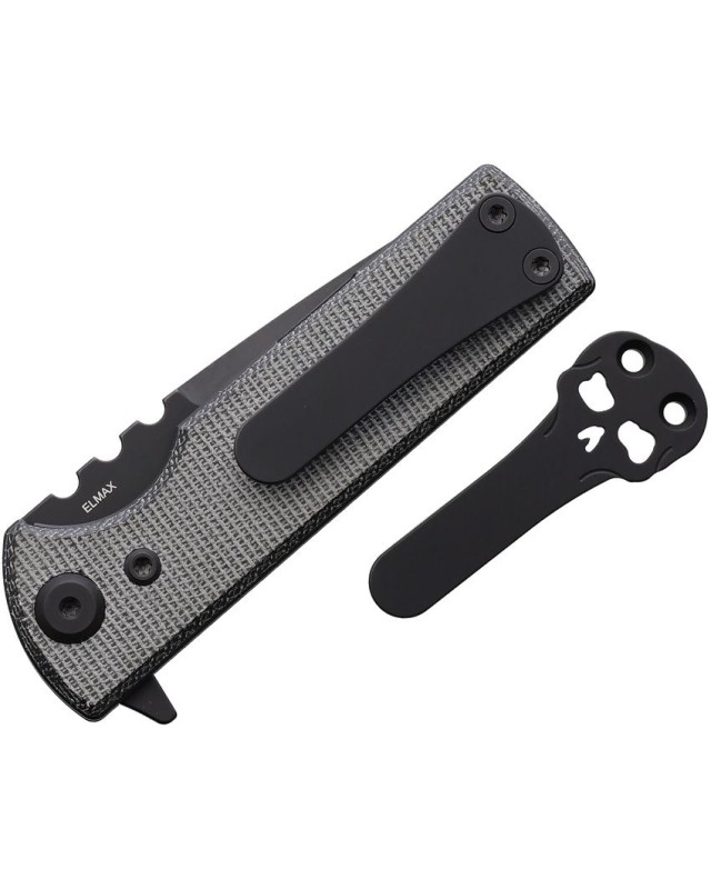 T.A.K. Tanto blade Elmax steel Black PVD finish Linerlock Black micarta handle Flipper T.A.K. Tanto blade Elmax steel Black PVD finish Linerlock Black micarta handle Flipper