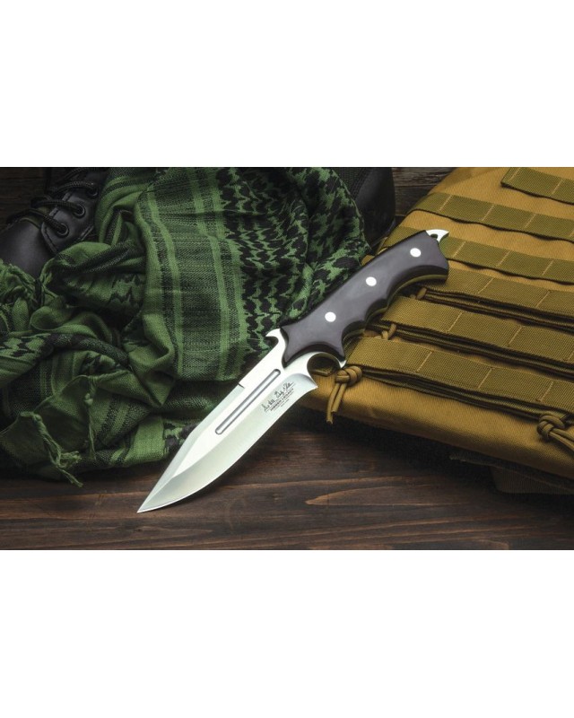 Hibben Legacy Combat Bowie full tang fixed stainless steel blade knife black wood handle black leather sheath Hibben Legacy Combat Bowie full tang fixed stainless steel blade knife black wood handle black leather sheath