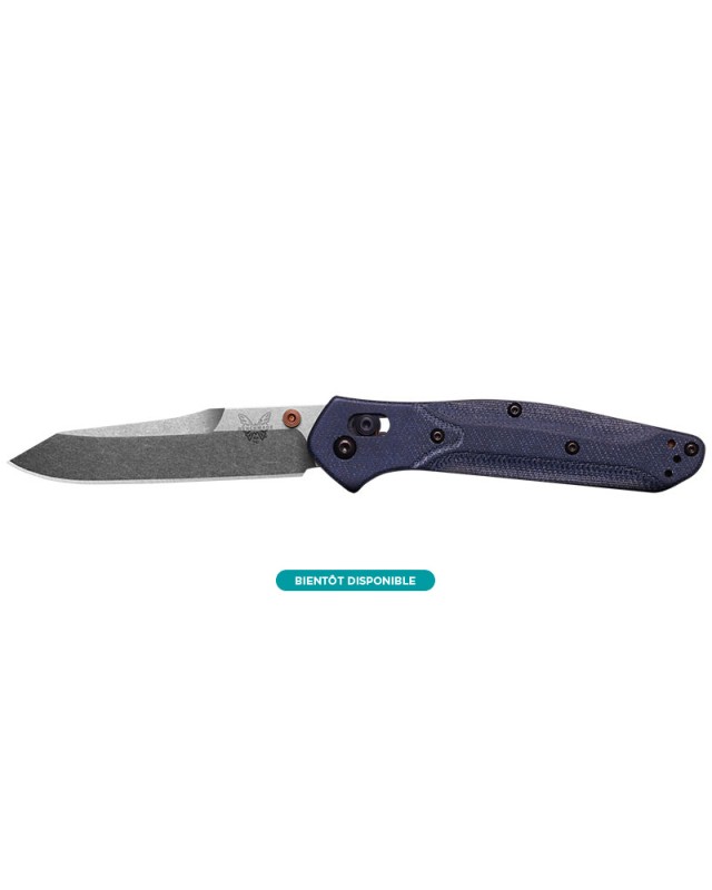 Benchmade 940 Osborne M390 Steel stonewash blade finish Denim blue micarta handle