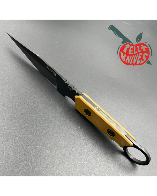 ADV Tactical Warspike fixed blade full tang D2 steel black finish Coyote G10 handle finger ring kydex sheath