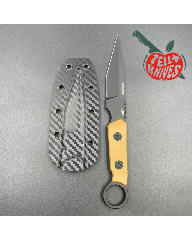 ADV Tactical Warspike fixed blade full tang D2 steel black finish Coyote G10 handle finger ring kydex sheath