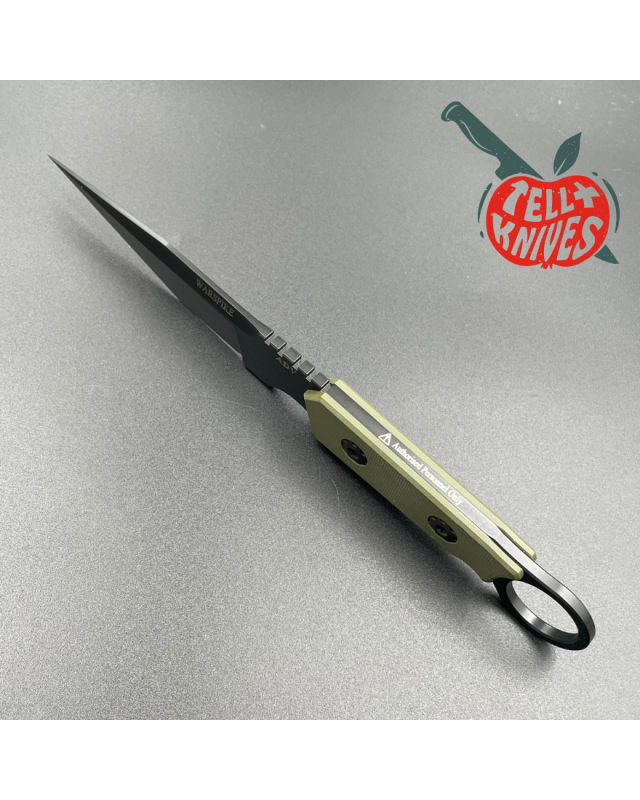 ADV Tactical Warspike fixed blade full tang D2 steel black finish OD Green G10 handle finger ring kydex sheath