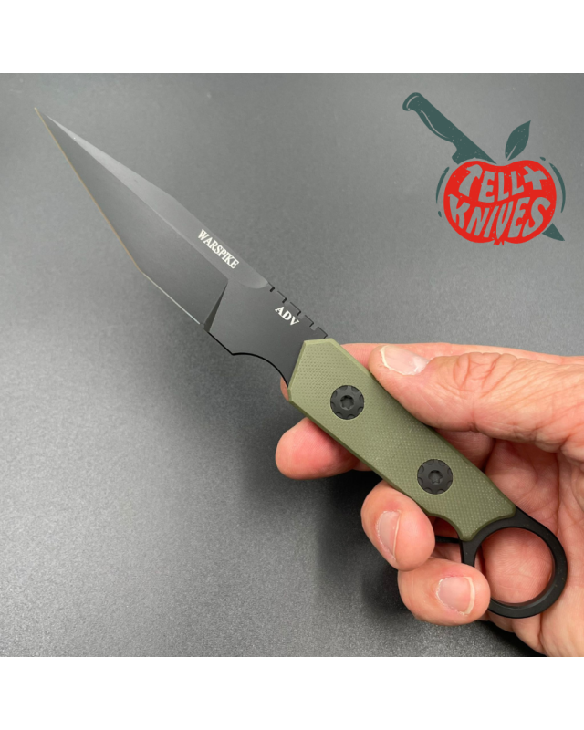 ADV Tactical Warspike fixed blade full tang D2 steel black finish OD Green G10 handle finger ring kydex sheath