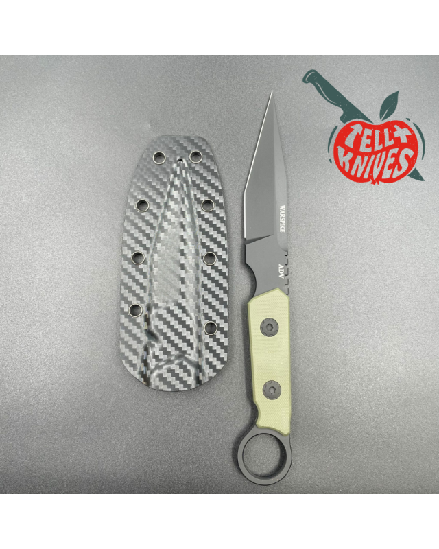 ADV Tactical Warspike fixed blade full tang D2 steel black finish OD Green G10 handle finger ring kydex sheath