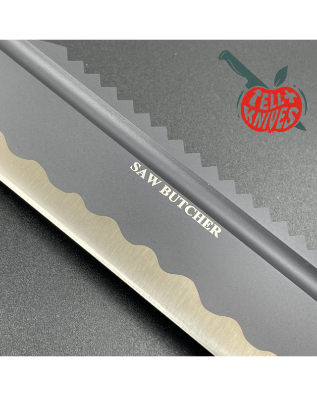 ADV Tactical SAW Butcher survival fixed blade knife full tang D2 steel black finish G10 handle saw teeth black kydex she