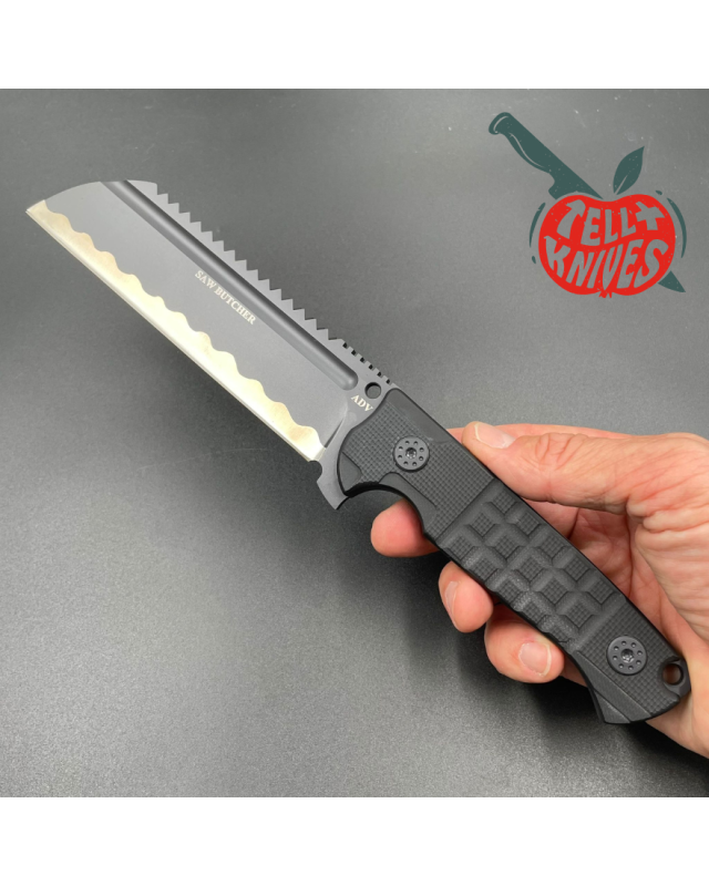 ADV Tactical SAW Butcher survival fixed blade knife full tang D2 steel black finish G10 handle saw teeth black kydex she