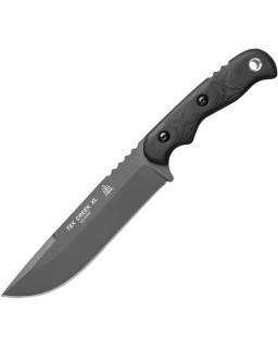 Tops Tex Creek XL full tang 1095HC carbon steel sniper gray finish blade black canva micarta handle brown leather sheath