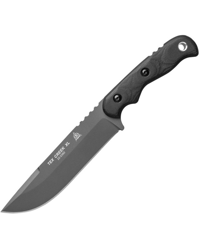 Tops Tex Creek XL full tang 1095HC carbon steel sniper gray finish blade black canva micarta handle brown leather sheath