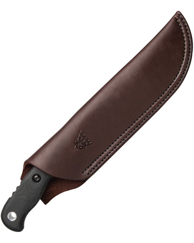 Tops Tex Creek XL full tang 1095HC carbon steel sniper gray finish blade black canva micarta handle brown leather sheath