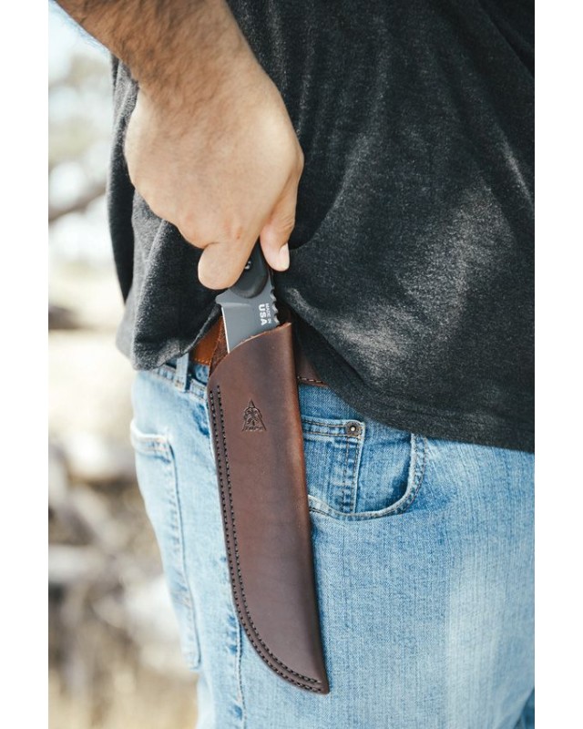 Tops Tex Creek XL full tang 1095HC carbon steel sniper gray finish blade black canva micarta handle brown leather sheath