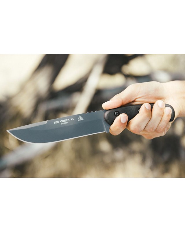 Tops Tex Creek XL full tang 1095HC carbon steel sniper gray finish blade black canva micarta handle brown leather sheath