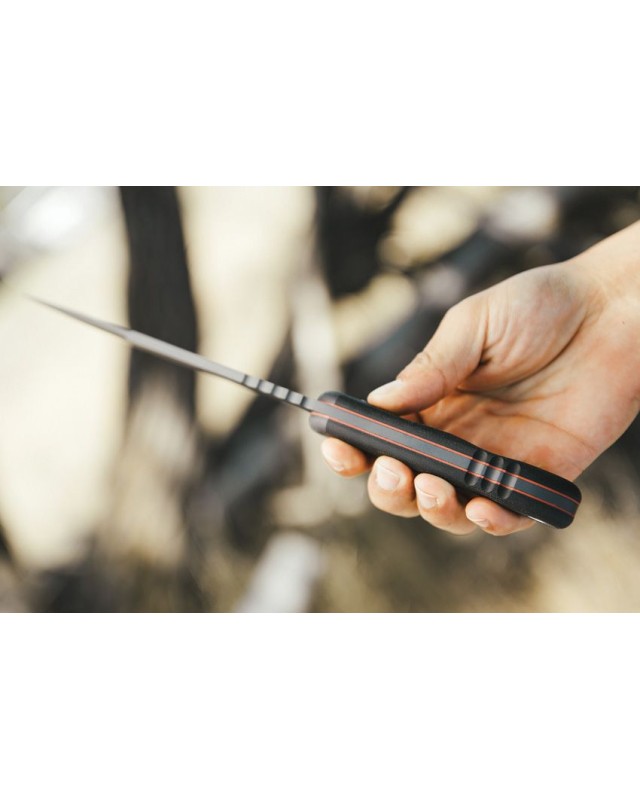 Tops Tex Creek XL full tang 1095HC carbon steel sniper gray finish blade black canva micarta handle brown leather sheath