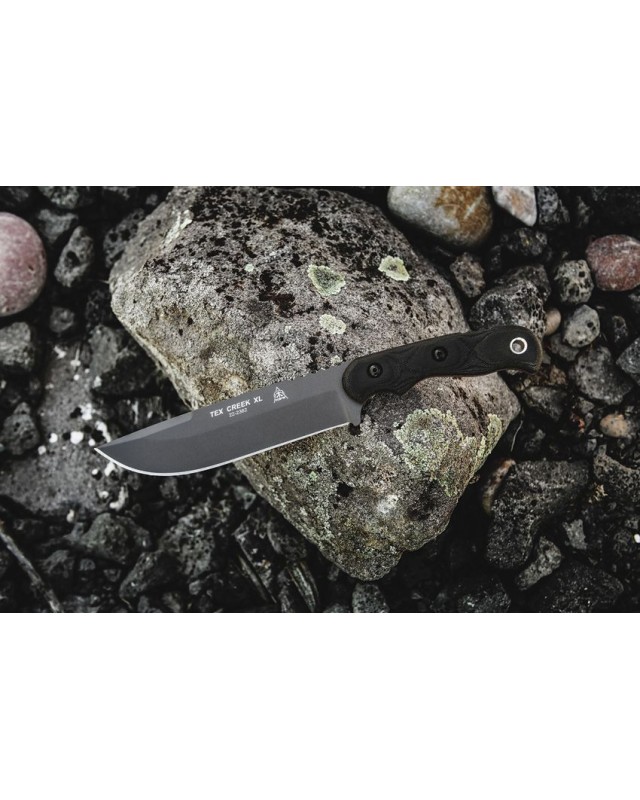 Tops Tex Creek XL full tang 1095HC carbon steel sniper gray finish blade black canva micarta handle brown leather sheath