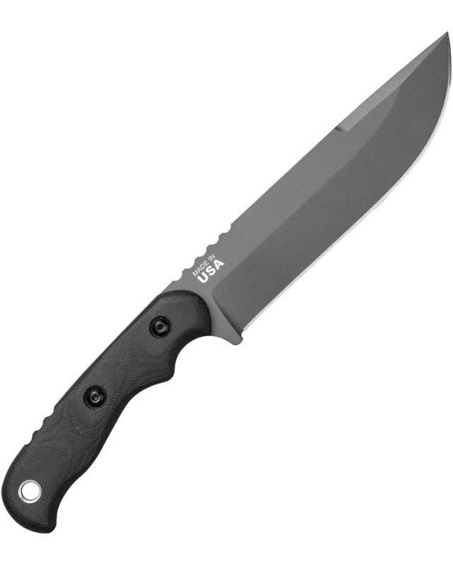 Tops Tex Creek XL full tang 1095HC carbon steel sniper gray finish blade black canva micarta handle brown leather sheath