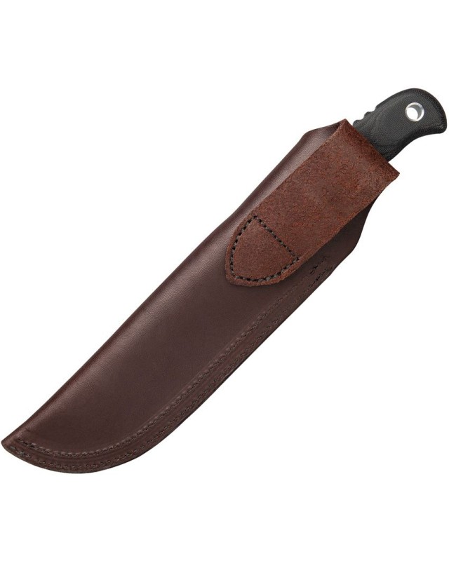 Tops Tex Creek XL full tang 1095HC carbon steel sniper gray finish blade black canva micarta handle brown leather sheath