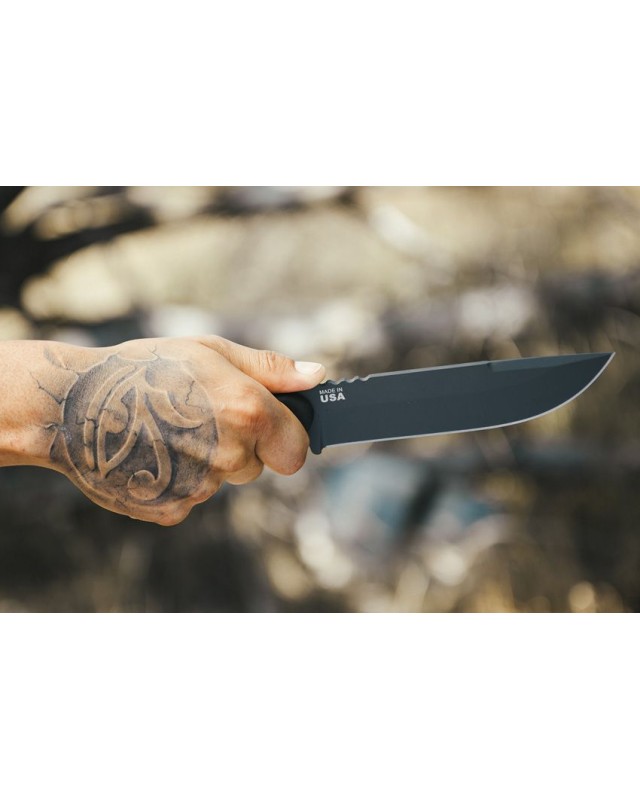 Tops Tex Creek XL full tang 1095HC carbon steel sniper gray finish blade black canva micarta handle brown leather sheath