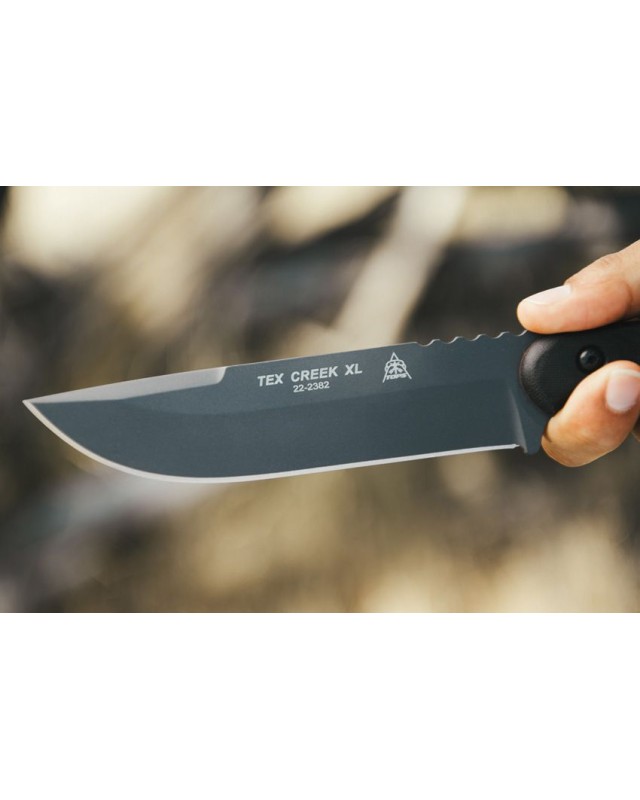 Tops Tex Creek XL full tang 1095HC carbon steel sniper gray finish blade black canva micarta handle brown leather sheath